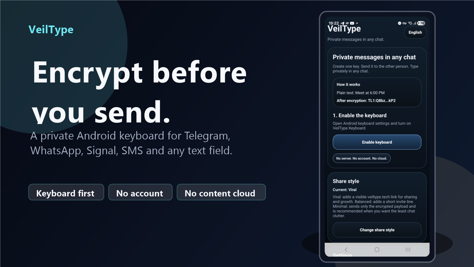 VeilType encrypt-before-send workflow